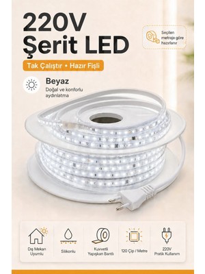 Onerous 25 M 220V Beyaz LED Şerit, Fişli, Yapışkanlı