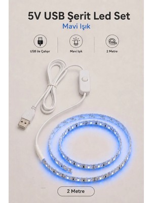 Onerous 2 M 5V Mavi LED Şerit, Anahtarlı, USB