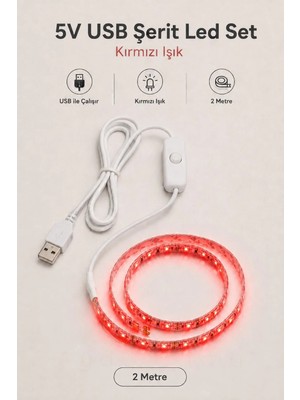 Onerous 2 M 5V Kırmızı LED Şerit, Anahtarlı, USB