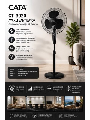 Onerous CT-3020 Ayaklı Vantilatör Geniş Alan Soğutma, Ayarlanabilir Yükseklik 3 Kademeli Fan Ayarı