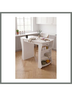 Bezos Mutfak Masası Mutfak Adası Ada Masa Bar Masası Kahvaltı Masası Raflı Çok Amaçlı Dolap Modern Masa 120X60 cm 9837 Beyaz Mmbz