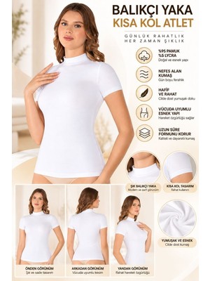 Royaleks Kadın Balıkçı Yaka Kısa Kol Atlet Beyaz, Esnek Kumaş, Vücuda Oturan Basic Body - Ryl - 2611
