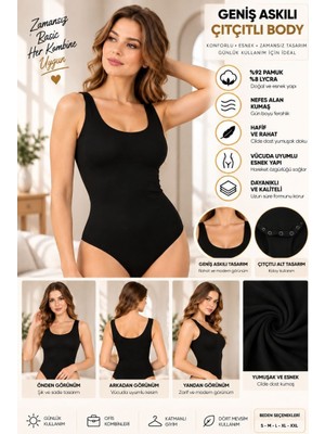 Royaleks Kadın Geniş Askılı Çıtçıtlı Body Siyah, Esnek Kumaş, Vücuda Oturan Basic Kadın Body - Ry