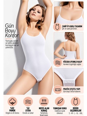 Royaleks Kadın Ip Askılı Çıtçıtlı Body Beyaz Esnek ve Yumuşak Kumaş, Vücuda Uyumlu - Ryl - 2600