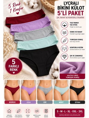 Royaleks Kadın Likralı Bikini Külot 5'li Paket, Yumuşak Kumaş, Günlük Kadın Iç Çamaşırı - Ryl -