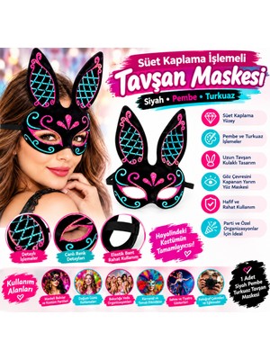 tp Süet Kaplama Işlemeli Tavşan Maskesi – Siyah Pembe Turkuaz