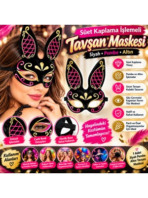 tp Süet Kaplama Işlemeli Tavşan Maskesi – Siyah Pembe Altın