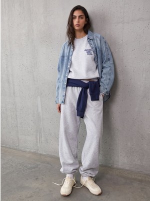 LTB Relaxed Fit Yazı Baskılı Bisiklet Yaka Gri Sweatshırt