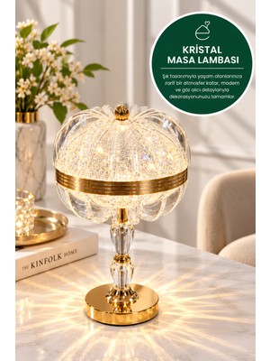 Evonita Evonıta Kristal LED Masa Lambası Gold – Dekoratif Işıltılı Abajur Modern Salon ve Komodin Lambası
