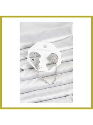 Bezos Kutup Yıldızı Model Pirinç Gümüş Renk Zincir Bağlantılı Ear Cuff Küpe Seti Bcks