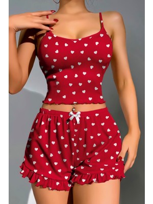İlk El Grup Arias Closet Pamuklu Kırmızı Üstüne Beyaz Kalp Desen Fitilli Askılı Şortlu Pijama Takımı
