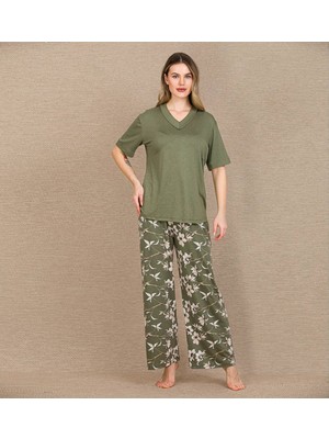 İlk El Grup Arias Closet Şık Tasarım Çiçek Desenli Yeşil Kısa Kol Viskon Pijama Takımı