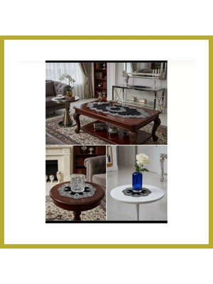 Bezos Elora Model Siyah Velvet Kadife 5 Parça Dantelli Salon Takımı Runner Seti No 3616 Bcks