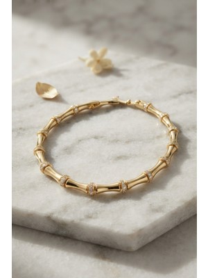 Gold Renk Bambu Model Zirkon Taşlı Kadın Bileklik - Lisinya