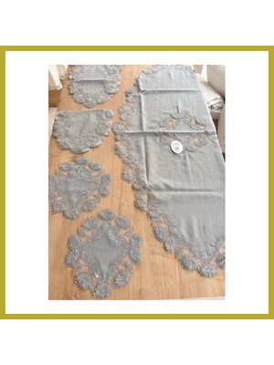 Bezos Salon Takımı Çeyizlik Gri Runner Set 5 Parça Keten Masa Örtüsü Runneri Flowers Bcks