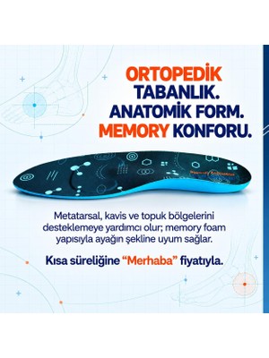 Xml Bayiciniz Tr Ortopedik Memory Foam Tabanlık, Anatomik Metatarsal Kavis ve Topuk Destekli, Tam Boy Unisex