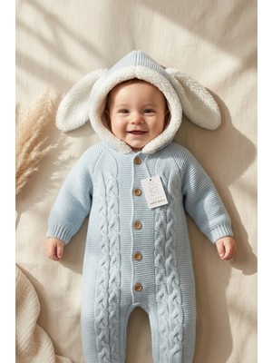 Babydonat Mila Baby Mavi Tavşan Kulaklı Içi Kürklü Kapüşonlu Örgü Bebek Tulumu - Kışlık Yumuşak Triko