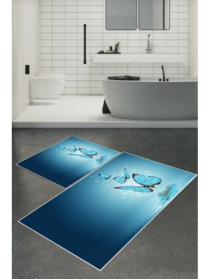 Tr Carmine CARPET(3825) Dijital Baskılı Yıkanabilir Kelebek Desenli Kaymaz Taban 2'li Banyo Paspa