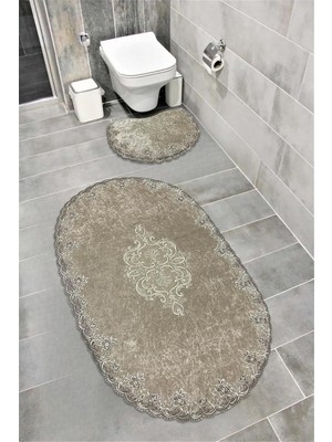 Tr Milas Kaymaz Taban, Kadife Dantel Detaylı 2'li Süper Lüks Oval Banyo Paspası Seti, Koyu Kahve