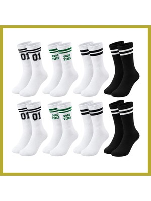 Bezos Unisex Çorap Çizgili 8'li Set 07 Good Vibes Yazılı Siyah Beyaz Uzun Soket Spor Kolej Stil Çorap Bcks