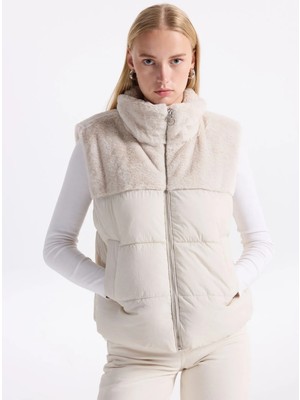 Only Ekru Kadın Dik Yaka Kapitone Yelek Onlwanja Fur Puffer Mıx Waıstcoat C