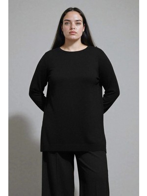 DeFacto H3431AZBK27 Siyah Regular Fit Bisiklet Yaka Yırtmaçlı Basic Düz Triko Kazak Tunik