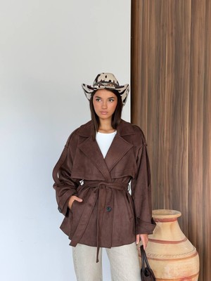 Oversize Süet Kuşaklı Trençkot