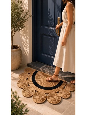 Nakkaş Home Collection Jüt Hasır Kapı Önü Paspası - 50X70 cm Bohem Yarım Ay Halat Örgü Paspas