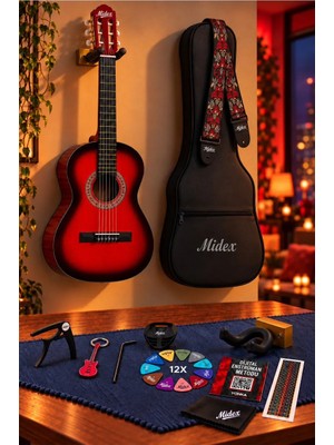 Midex CG-270RD Kırmızı Renk Klasik Gitar 4/4 Yetişkin Boy Sap Ayarlı Full Set