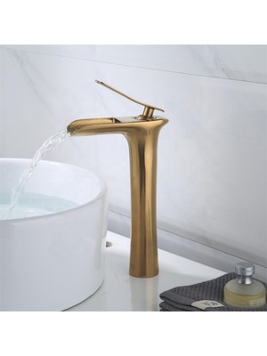 Happy Trend Şelale Model Çanak Lavabo Bataryası, Açılır Kapanır, Sıcak ve Soğuk Su (Eskitme Gold Yüksek Model)