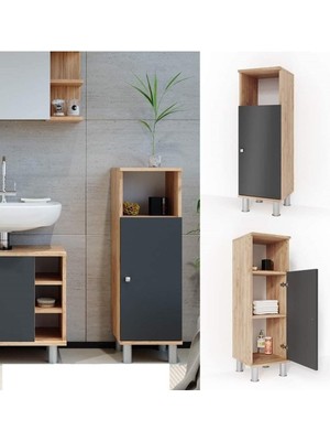 Happy Trend Kapaklı 3 Raflı Çok Amaçlı Banyo Dolabı Mutfak Dolabı Havlu Dolabı Erzak Dolabı Antrasit