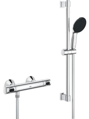 Happy Trend Precision Flow Termostatik Duş Bataryası ve Vitalio Start 110 Sürgülü Duş Seti, 110MM 1 Akışlı El Duşu, 600MM Sürgülü Ray, 1750MM Duş Hortumu, 38°c Sabit Sıcaklık Ayarı, Krom, 34800001