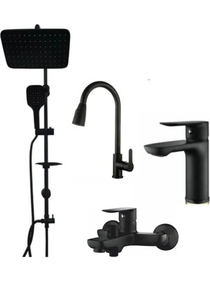 Happy Trend Yağmurlama Duş Seti, Spiralli Mutfak Bataryası ve Lavabo Bataryası, (Siyah Set)
