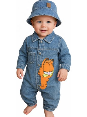 Happy Trend Çocuk Bebek Kot (Jeans) Baskılı Şapkalı Tulum (3/6/9/12/18) Ay
