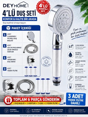 Happy Trend Duş Başlığı, 5 Kademeli Su Akışlı, Yüksek Basınçlı, Kireç Önleyici, Beyaz-Krom, El Duşu (4'lü Set)