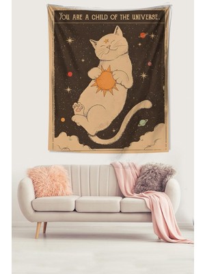 Happy Trend Güneşe Sarılan Kedi Evrenin Çocuklarıyız Leke Tutmaz Kumaş Duvar Örtüsü Duvar Halısı Tapestry PNTR449, 100 x 140