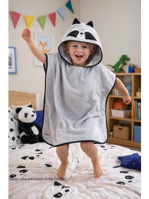 Happy Trend Çocuk Bornozu-Plaj Havlusu-Gri-Rakun-Bebek Bornoz-Erkek-Kız-Pamuklu (60X60) (3-8 Yaş)