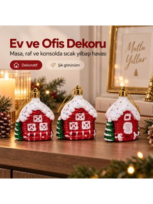 Happy Trend 8.5 cm Yılbaşı Dağ Evi Dilek Ev Çam Ağacı Süsü Parti Yılbaşı Süslemeleri, Kırmızı