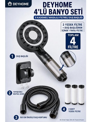 Happy Trend Kademeli Masajlı Filtreli Duş Başlığı Siyah + Yapışkanlı Mafsal (Askı) + 150 cm Örgülü Hortum+ 3 Adet Yedek Filtre (4'lü Set)
