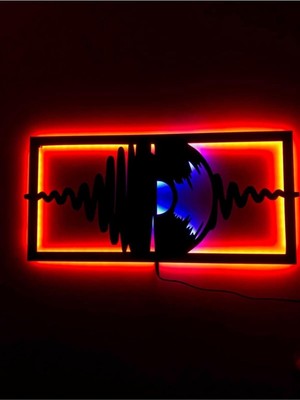 Happy Trend Müzik Plak LED Işıklı Ahşap Dekoratif Tablo Kırmızı-Mavi