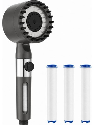 Happy Trend Duş Başlığı Seti Gri - Filtreli Arıtmalı El Duşu - 3 Fonksiyonlu Yüksek Basınçlı Model - 3 Yedek Filtre Kartuşlu Kireç Önleyici Su Tasarruflu Masaj Etkili Aç Kapa Tuşlu