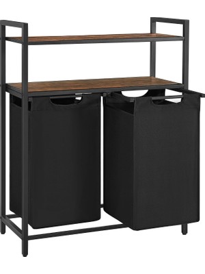 Happy Trend Çamaşır Sepeti, Çamaşır Kutusu, 2 Bölme, 2 Raf, Metal Çerçeve, 2 x 46 Litre, 73 x 33 x 91 Cm, Vintage Kahverengi-Siyah BLH211B01