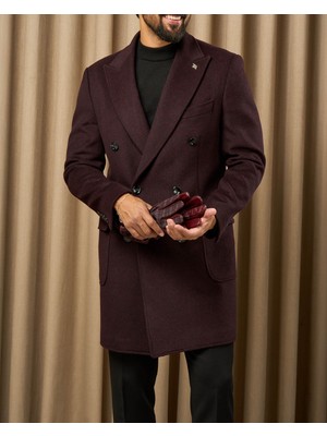 Slim Fit Kruvaze Sivri Yaka Kapaklı Torba Cep Erkek Kaşe Kaban Bordo T20209-10