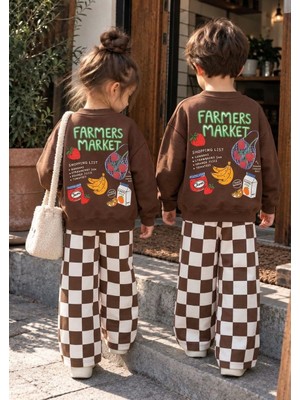 Cg Kids Farmers Meyve Kabartma Baskılı Kahverengi Damalı Eşofman Kız&erkek Çocuk 3ip Alt Üst Takım