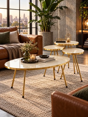 Odera Elips Orta Sehpa ve Oval Zigon Sehpa 4'lü Set Metal Ayaklı Retro Iskandinav Salon Sehpası