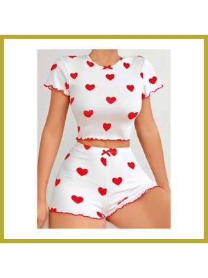 Bezos Kadın Beyaz Kırmızı Kalp Desenli Şortlu Gecelik Takım 5023 · Beden: L/xl · Renk: Beyaz Bcks