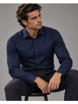 Metin Ali Erkek Lacivert Premium %80 Pamuk Slim Fit Gömlek