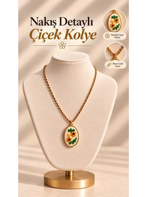 Mdm Style Sarı Çiçek Işlemeli Gold Renk Oval Kolye