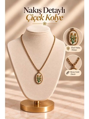 Mdm Style Kahverengi Çiçek Işlemeli Gold Renk Kolye