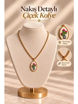 Mdm Style Saksıda Pembe Çiçek Gold Renk Kolye